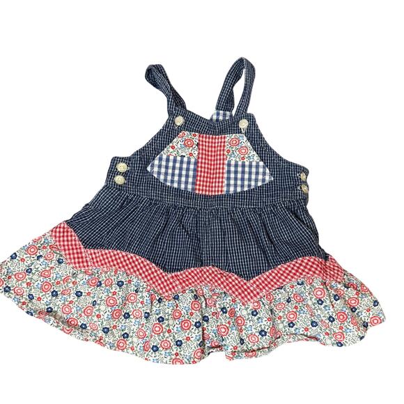 None and/or Unknown Other - Vintage Denim Floral Gingham Overalls Dress Baby Girl 6-9 Months Shabby Chic